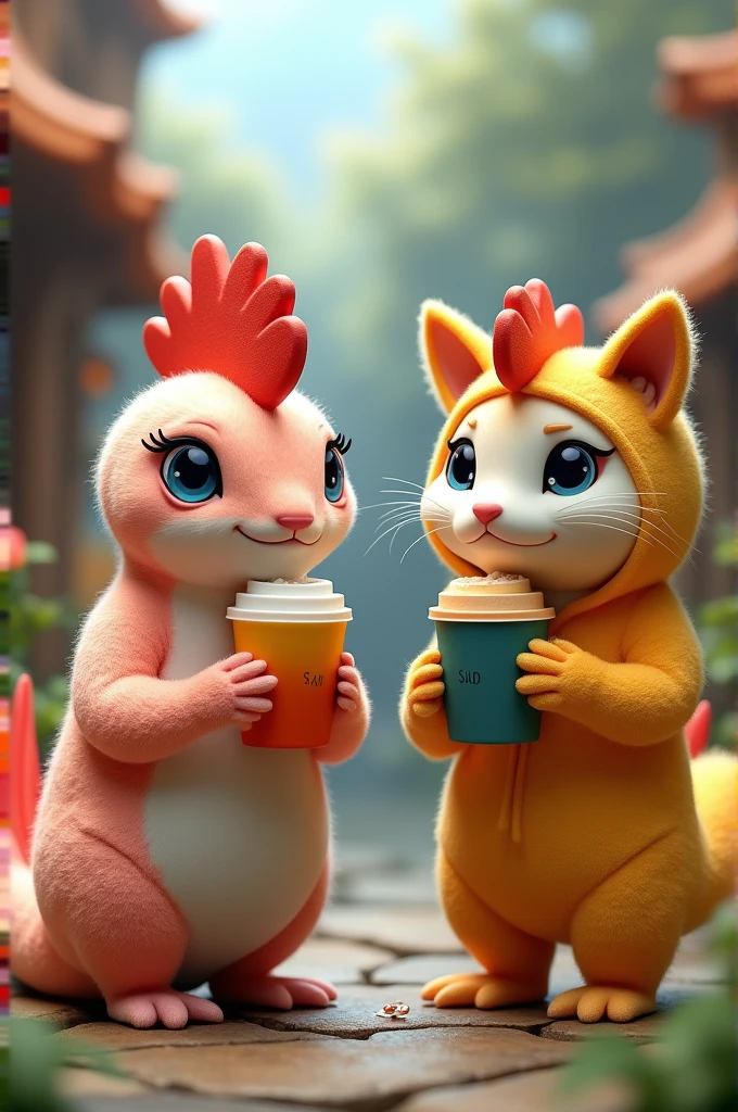 An axolotl having bubble tea dressed as a chicken next to its cousin the cat-dog having coffee dressed as a chicken as well 