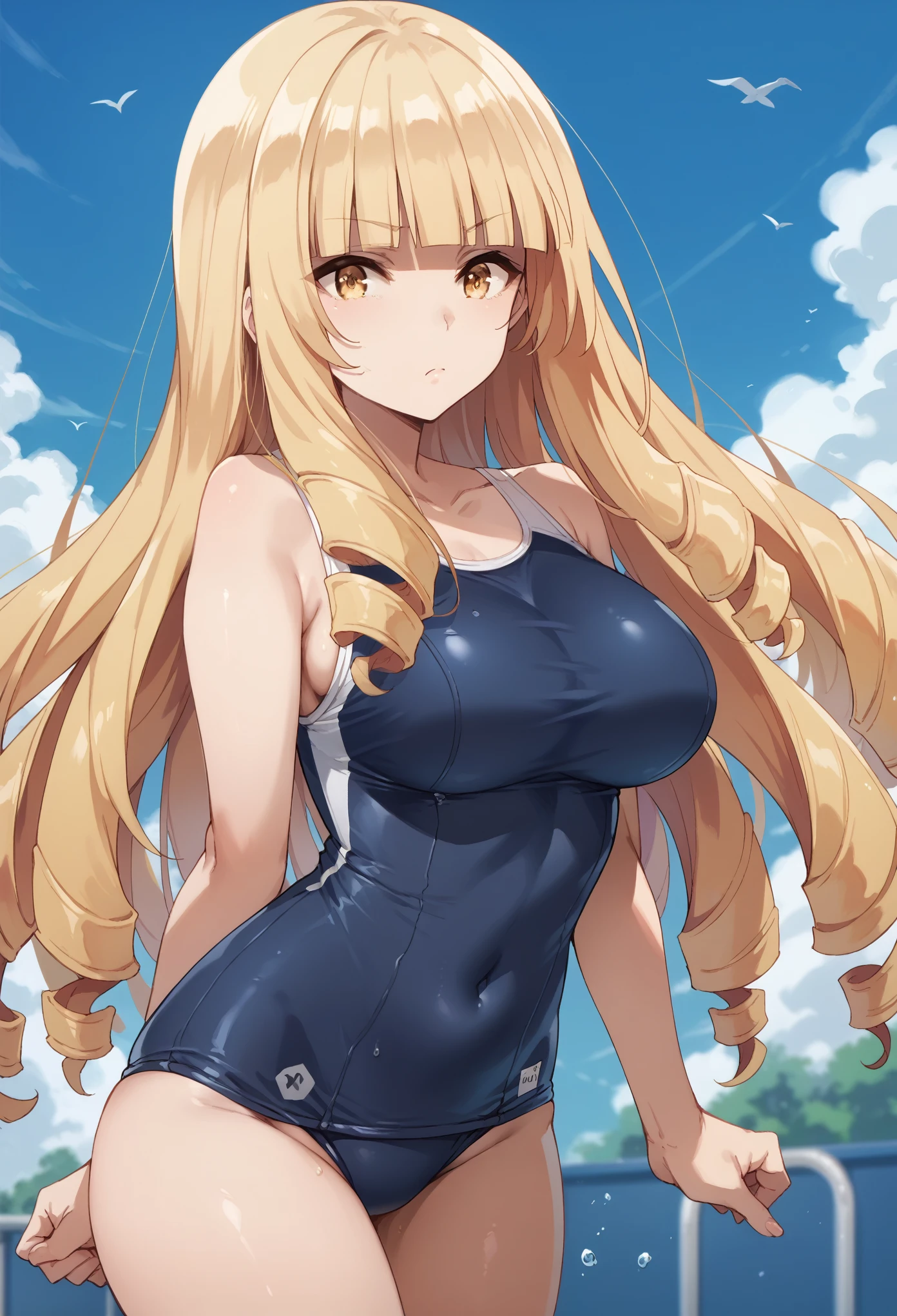 best quality, oriana rose, long hair, blonde hair, yellow eyes, drill hair, bangs, blunt bangs,school swimsuit,clavage,large breast
