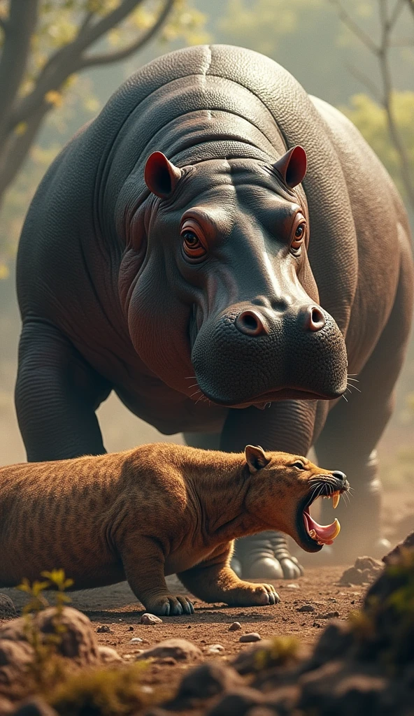 Size: 1080×1920 portrait (9:16)
Prompt: Hyper-realistic scene of a saber-toothed cat lying defeated on the ground after losing a battle against a powerful, victorious hippopotamus. The saber-toothed cat has realistic fur, sharp teeth, and a muscular build, but it is weak and exhausted on the ground. The victorious hippopotamus is standing tall and strong nearby, showcasing its immense power with a realistic, rugged texture on its skin. The scene should capture the intensity of the battle, with the animals set in a natural prehistoric landscape. Ultra-detailed, realistic lighting and shading, showing the ferocity of nature in MidJourney style. (best quality,4k,8k,highres,masterpiece:1.2),ultra-detailed,(realistic,photorealistic,photo-realistic:1.37),HDR,studio lighting,extremely detailed face and body, portrait,cinematic lighting,dramatic lighting,warm color tones,dramatic colors.the animals hyper realistic with features