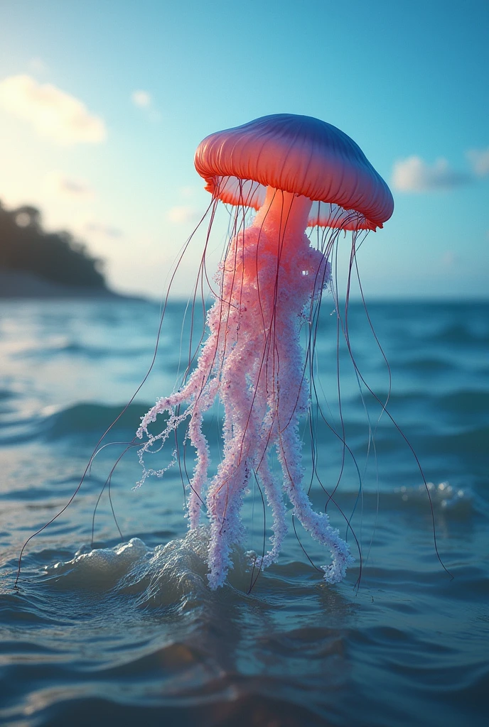 The natural jellyfish, expressive, with a positive psychological message, How do you transmit power?, that swims in the waves, on the seashore, what does destiny represent