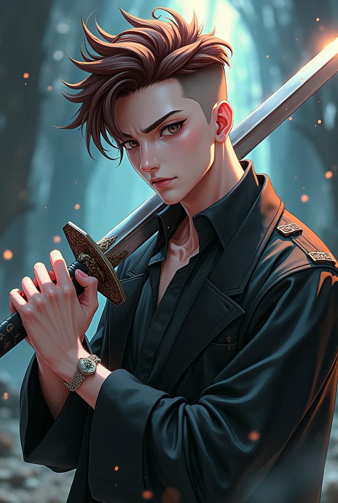 Anime cool boy ,white skin, under cut hair brown with sword