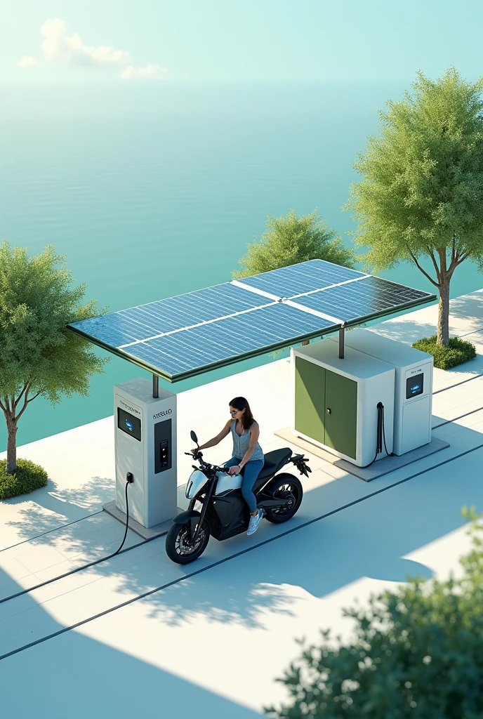 image that illustrates the proposal of an integrated solution for sustainable charging stations with energy from solar panels. It represents the combination of renewable energy sources, storage technologies and a modern and efficient charging infrastructure. The image should be clear and realistic. Of someone charging an electric motorcycle at this charging station