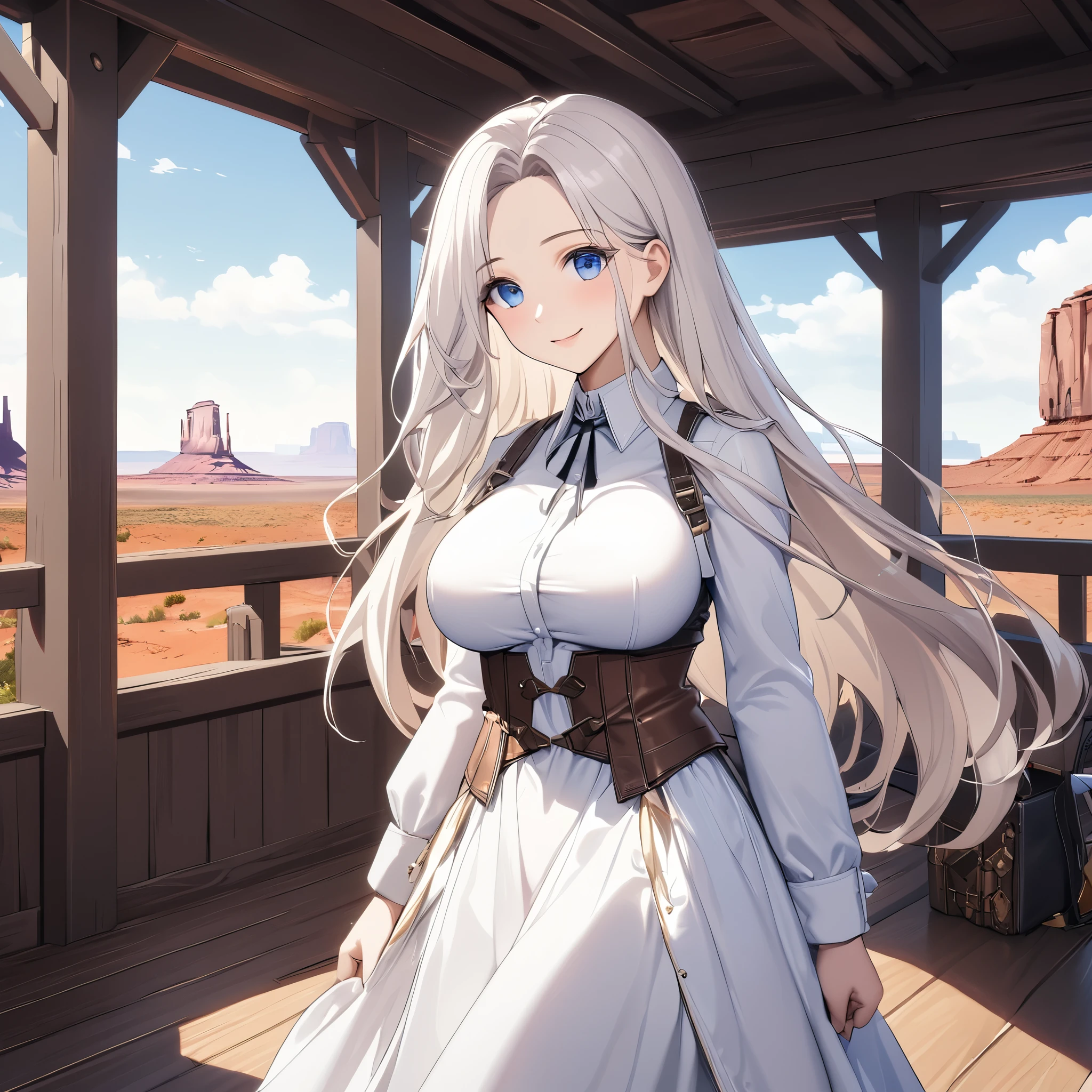 A woman wearing white western aesthetic clothing, with brown leather belt, brown leather boots, white hair, long hair, blue eyes, smiling, large breasts, brown cowboy hat, Monument Valley location, standing on the road of earth, wooden houses in the aesthetic of classic Faroest, (Azur_lane, USS_Yorktown.)UHD, masterpiece, accurate, anatomically correct, textured skin, super detail, high quality, best quality, 8k, high resolution, bokeh effect.(solo woman), close view.
