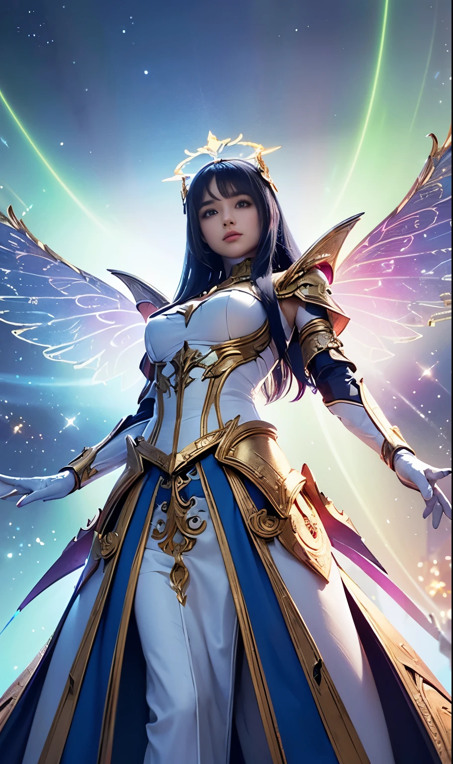 (best quality, masterpiece, colorful, dynamic angle, from below, highest detailed)upper body photo, full body photo, fashion photography of cute mechangel, glowing 4 wings, solo, glowing armor, glowing halo, building, glowing mechanical 4 wings (intricate details, hyperdetailed:1.15), detailed, light passing through hair, (official art, extreme detailed, highest detailed), HDR+