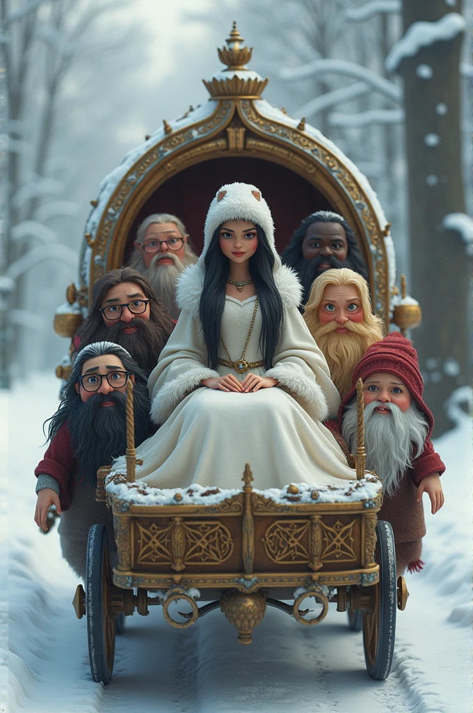 A large carriage with a princess wearing a winter dress made of white bear fur. She is wearing a cap that covers her long black hair. She is accompanied by 7 dwarfs!
A dwarf has black hair.
A dwarf has red hair.
A dwarf is blonde.
A dwarf has black skin.
A dwarf wears glasses.
A dwarf has a white beard.
A dwarf is a child, therefore he has no beard.