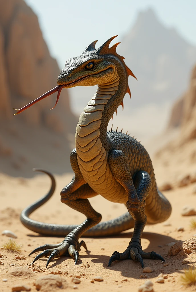 Realistic photo of Mushussu
a scaly desert reptile with 2 bird hind legs and 2 cat forelegs long neck with snake head and long snake tongue
