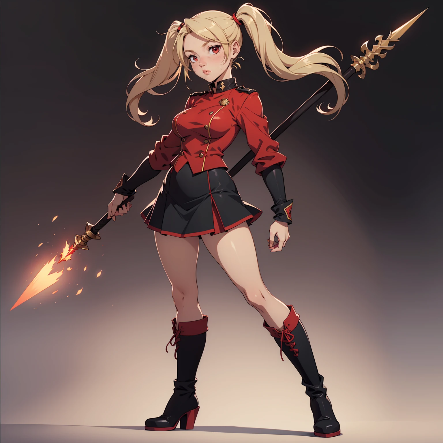 Very detailed, neutral facial expression, medium breasts, full body view, blonde hair with twintails, red eyes, black and red uniform, skirt, black boots, holding spear, standing pose.