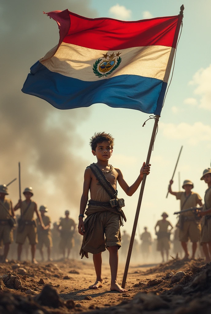 a tall boy, barefoot and thin with torn and dirty clothes, in the middle of a battle from the 1750 war
supporting the Paraguayan flag in red, white and blue horizontally