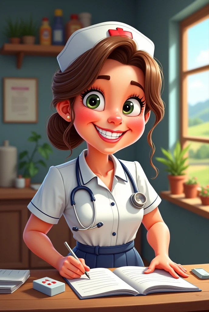 Caricature of a community nurse in a rural area wearing a white uniform and navy blue pants, filling out vaccination forms