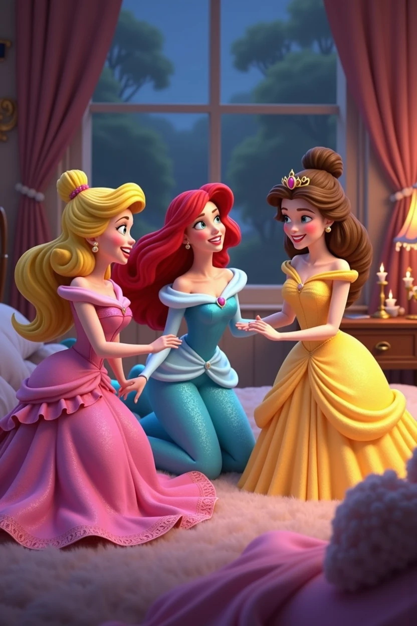 Sleeping Beauty in a pink dress, Ariel in a blue dress and Belle in a yellow dress. as 3 in a sleepover night having fun, talking and laughing