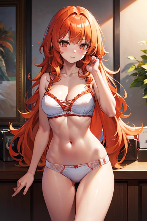 Kizi, curly longhair, orange hair, (work of art, highest quallity, high resolution: 1.4), In underwear, blush, looking ahead at viewer