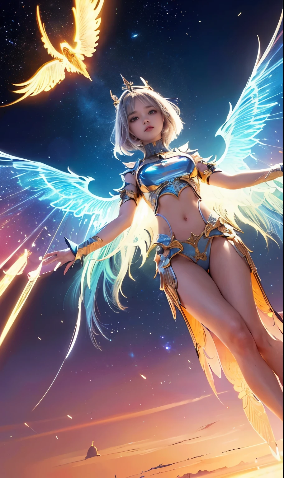 (best quality, masterpiece, colorful, dynamic angle, from below, highest detailed)upper body photo, full body photo, fashion photography of cute mechangel, glowing 4 wings, solo, glowing armor, glowing halo, building, glowing mechanical 4 wings (intricate details, hyperdetailed:1.15), detailed, light passing through hair, (official art, extreme detailed, highest detailed), HDR+