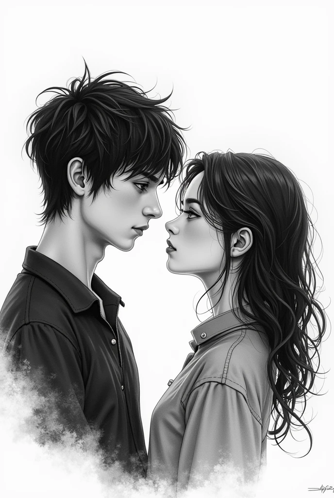 A black and white drawing of a couple looking at each other, he has bangs and he has wavy hair