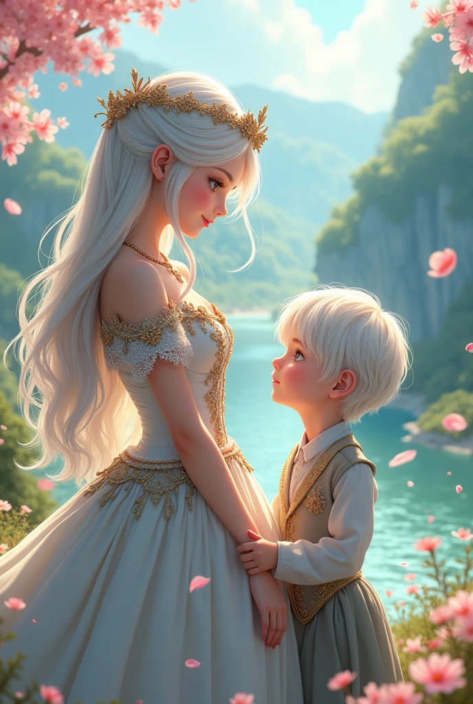 A -yeld an-style princess with white hair and grey eyes, and her younger brother, a 7-year-old ce wiwhite hair and grey eyes.