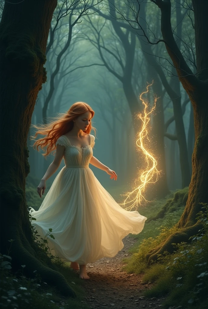 A red-haired girl in a beautiful long white dress in a dark forest chasing a small floating light in the shape of (🔥)