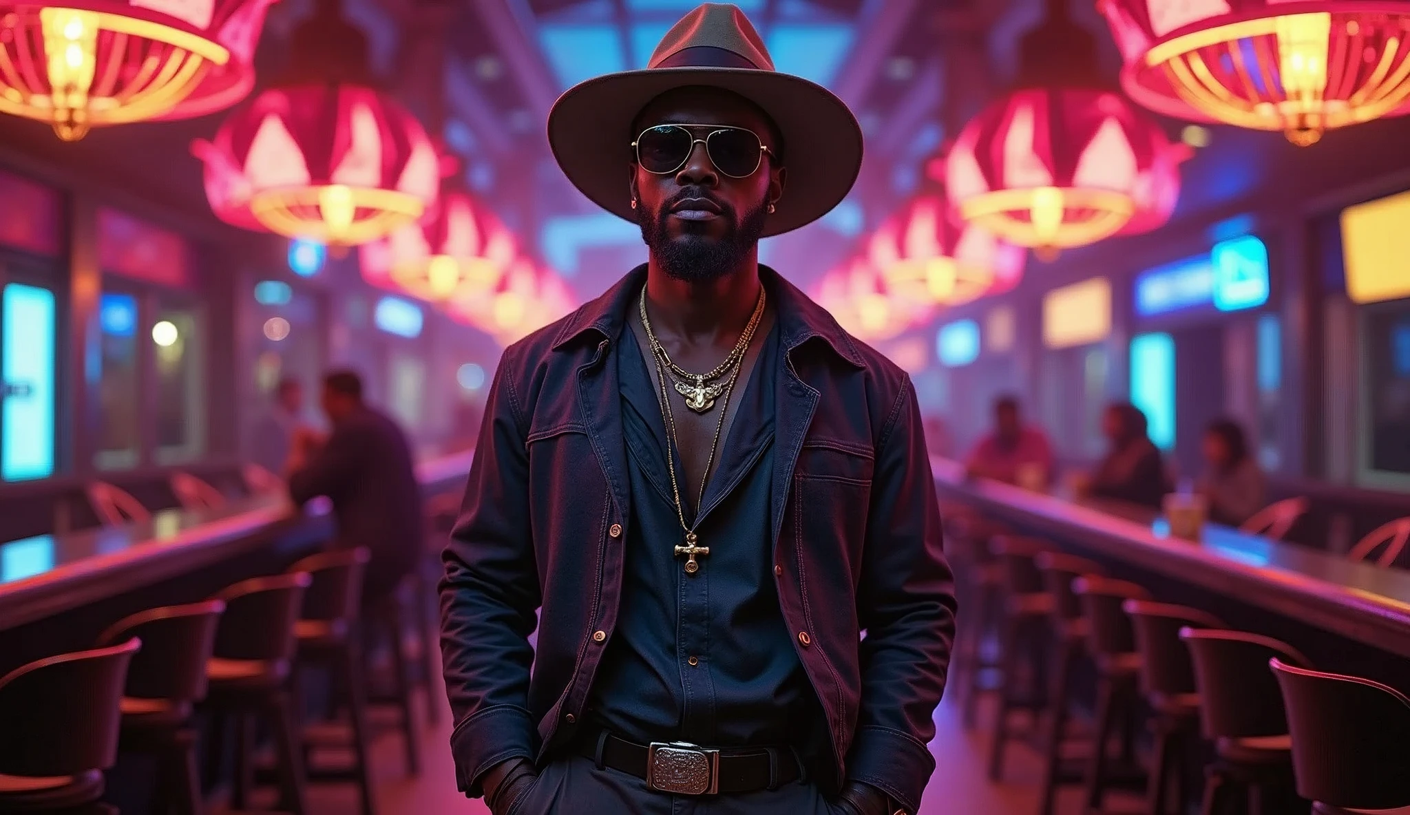 Nigerian man wearing hat sunglass shirt and trousers and ankh necklace holding, he is the owner of the 'Midnight Star' bar at his 5000 AD anniversary party in an intergalactic space bar, in the style of afrofuturism-inspired, dignified poses, y2k aesthetic, pop inspo, #vfxfriday, ankh By Bruce Pennington and Aaron horkey and Gerald brom and Afrofuturism and y2k aesthetic and David Cronenberg