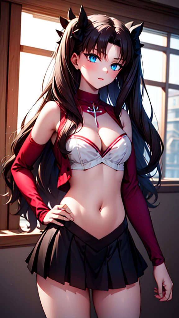 Rin Tohsaka, her face flushed very excited, make-up, aretes, bright red lipstick, (((fully body))), work of art, top quality picture, super resolution, High definition, 4K, full hd, well defined and detailed image in the smallest details, she is wearing a red sleeveless blouse that shows off her belly and navel and her shoulders with long black sleeves, beige vest with a collar in the style of fine sportswear and a red bow tie, her breasts are exposed in a small cleavage, a sexy, short black skirt makes her even sexier, brown thigh high socks, with two black bows on top of her head, she is standing looking at the viewer playing with a lock of her hair, on the school terrace, gerar imagem de fully body
