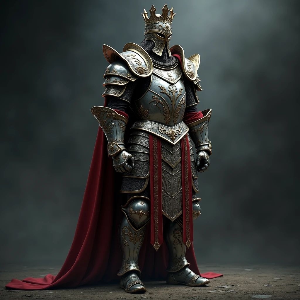 Warrior, Concept Art, author：Van Gogh, Medieval,Knight pose, Clean render, Angled, Put on your armor, Character is standing, 8kReality, In-game rendering, Facial background has detailed details, Artstation homepage, Pseudo-Medieval fantasy, God in carp armor, Iron etched armor,  Light silver armor, Gorgeous filigree armor, Luxurious armor full of thorns, Intricate metal armor, 強力なWarrior, Wearing luxurious iron armor,，Decorated with intricate patterns, Helmet has a large crown, Everything is in darkness, Smoky background suggests a battle scene, Adds an ominous aura to the character,Full Body Shot.