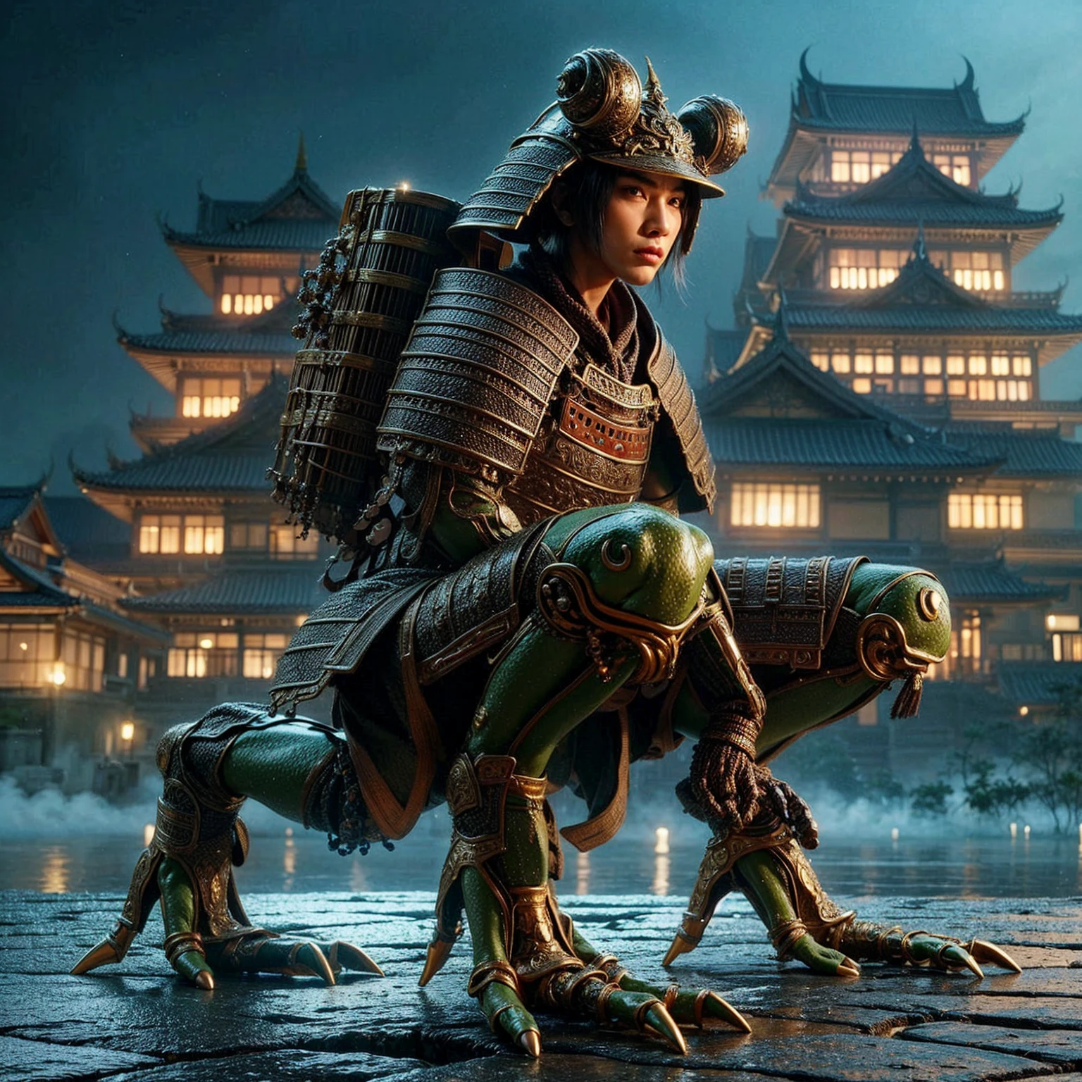 Create a realistic Thai male fantasy digital image from Ramayana. Precise details and powerful posture Thai man's face, fierce and powerful eyes, muscular body, strong arms and legs. Thai men must maintain a strong and powerful posture. Other details, negative island set and Thai jewelry, realistic visual arts, remote, wide view, Chinese temple background 24k uhd
