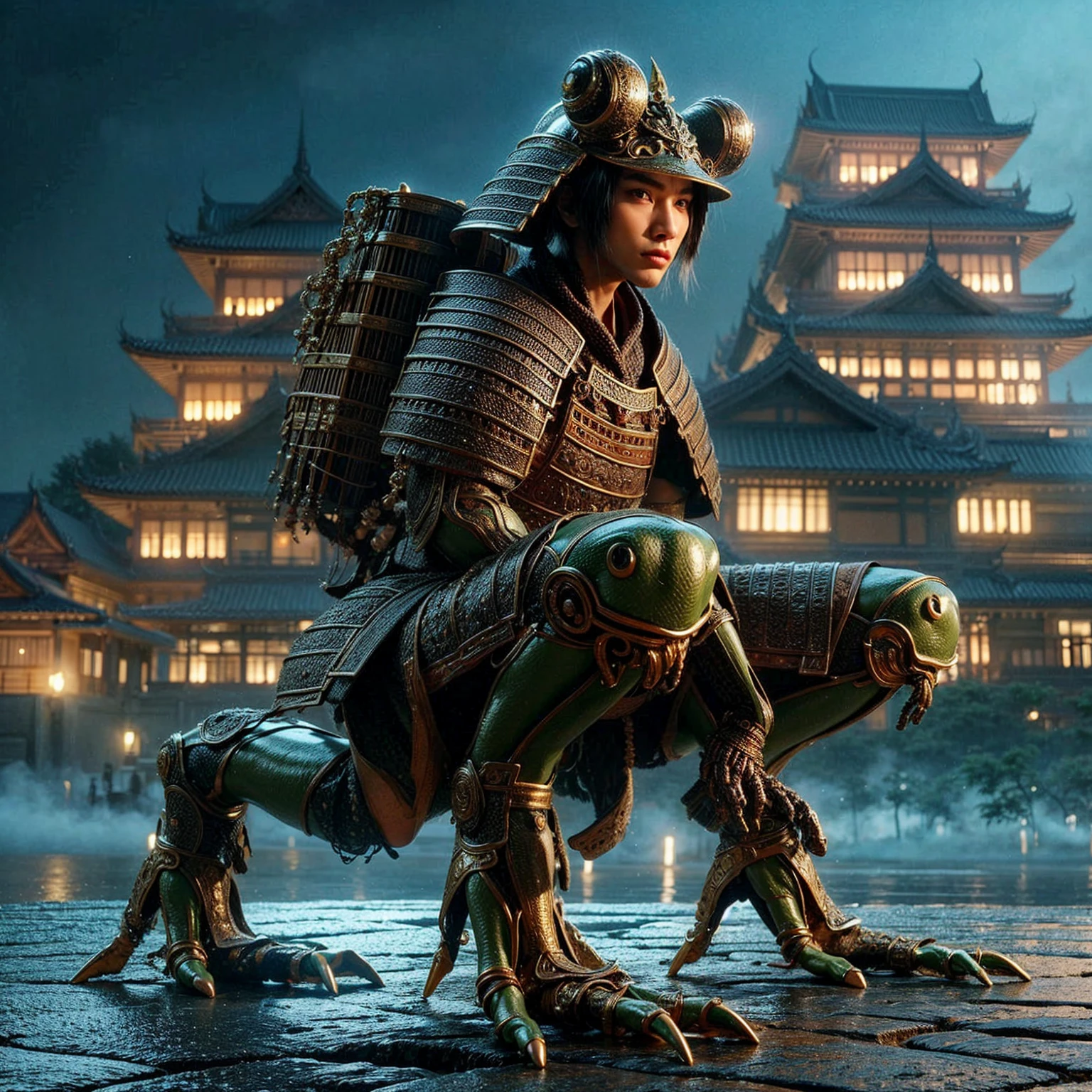 Create a realistic Thai male fantasy digital image from Ramayana. Precise details and powerful posture Thai man's face, fierce and powerful eyes, muscular body, strong arms and legs. Thai men must maintain a strong and powerful posture. Other details, negative island set and Thai jewelry, realistic visual arts, remote, wide view, Chinese temple background 24k uhd