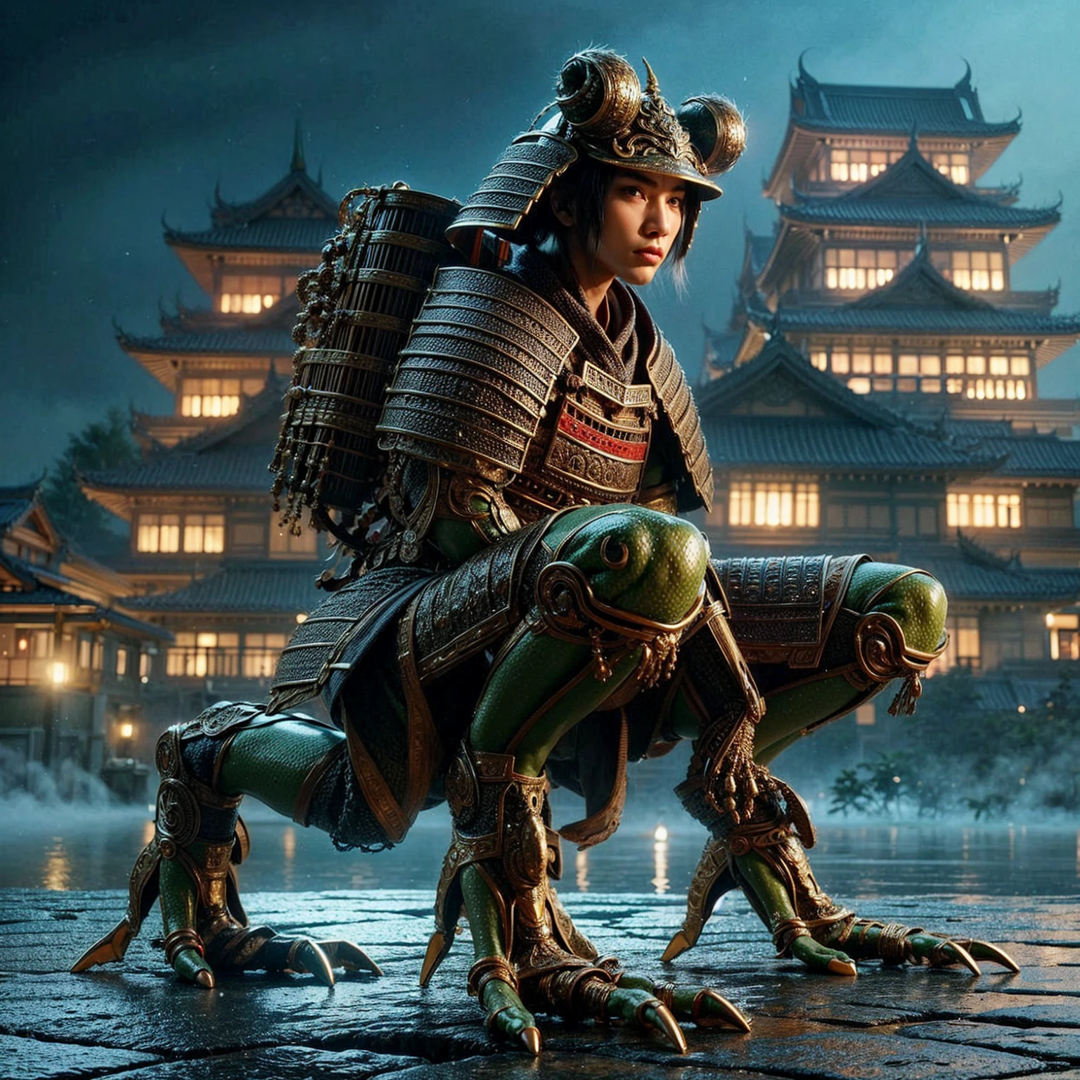Create a realistic Thai male fantasy digital image from Ramayana. Precise details and powerful posture Thai man's face, fierce and powerful eyes, muscular body, strong arms and legs. Thai men must maintain a strong and powerful posture. Other details, negative island set and Thai jewelry, realistic visual arts, remote, wide view, Chinese temple background 24k uhd