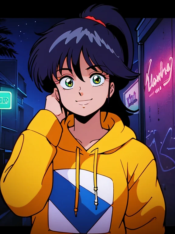 Detailed Background, masterpiece, Highest quality, smile, ornament, hoodie, Portraiture, Yellow neon, graffiti, dark, night, Glowing Eyes, Black light