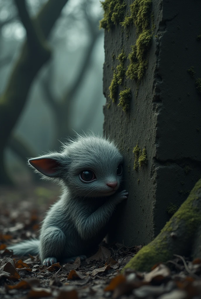 A sad, hidden animadooveja, cowering behind a stone in the dark forest.