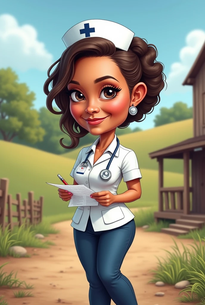 Caricature of a community nurse in a rural area wearing a white uniform and navy blue pants, filling out vaccination forms