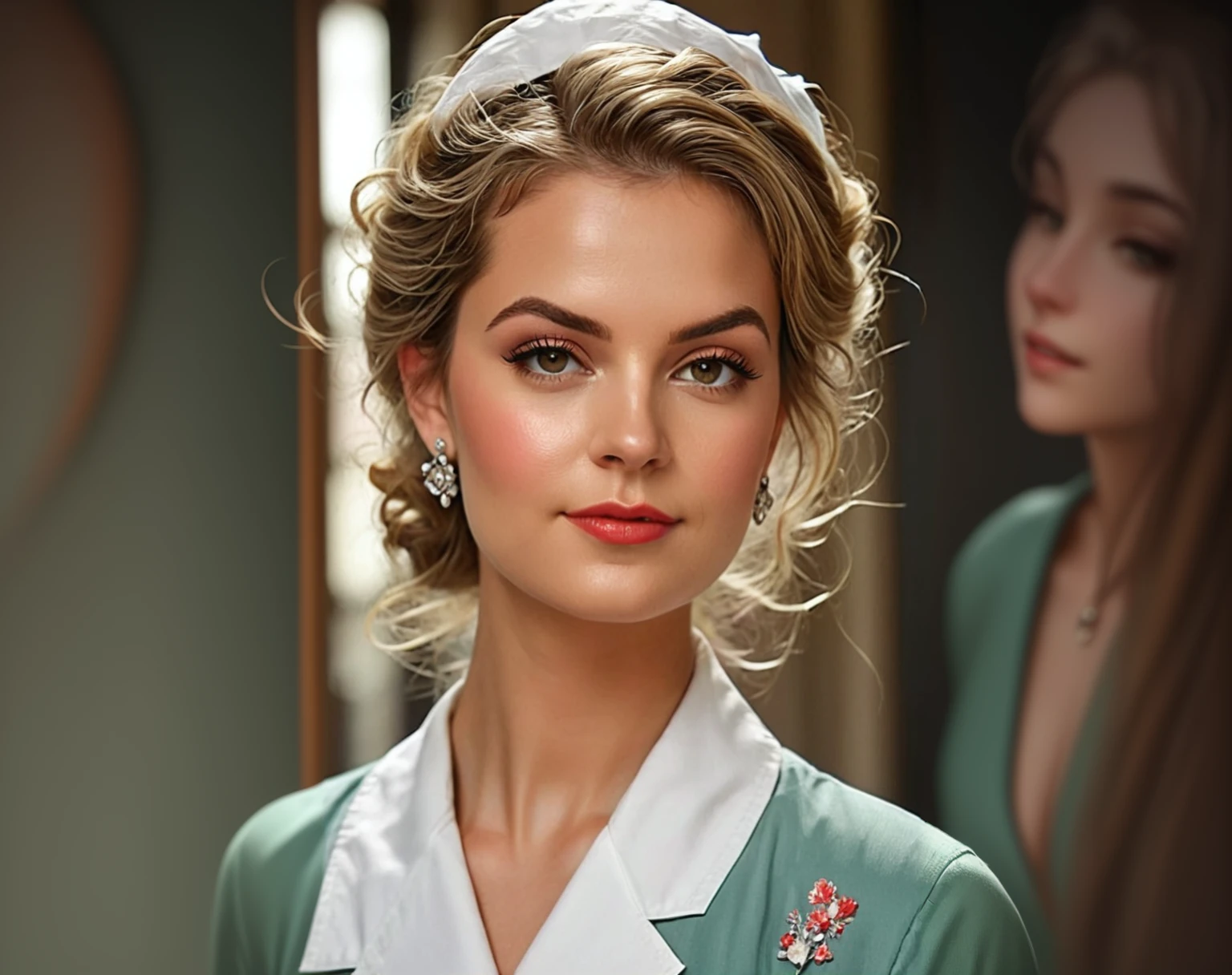 a beautiful blonde woman, green shirt, white collar, pearl earrings, detailed face, beautiful eyes, lush lips, exquisite jewelry, natural lighting, realistic, photorealistic, 8k, highly detailed, masterpiece, elegant, serene, warm tones, soft focus