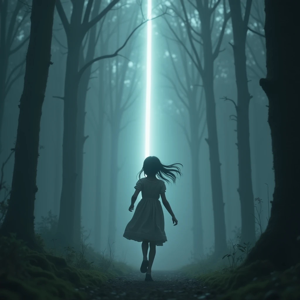 (Mysterious Fog), a beautiful young girl running through a mysterious, misty forest, The girl is facing forward and running away from a shining shadow. Her long black hair flows behind her, and a huge glowing shadow is chasing the girl. (Beautiful and cute face even in fear and panic),Fine facial features, Beautiful eyes, Soft and glowing skin, Cute apron dress, Mossy trees, (Column of light breaking through the fog), (Highest Quality, 4k, (8k), (High Resolution:1.3), (Masterpiece:1.2), (Ultra Detailed), (Realistic), (Photorealistic), (Photorealistic:1.37), Fantasy, Cinematic Lighting, Moody Atmosphere, digital art, concept art, 