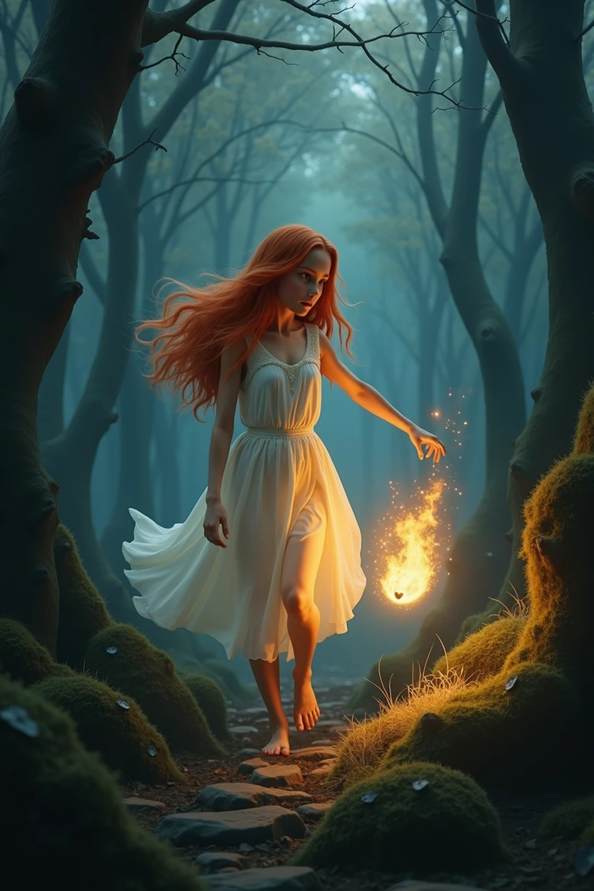 A red-haired girl in a beautiful long white dress in a dark forest chasing a small floating light in the shape of (🔥)
