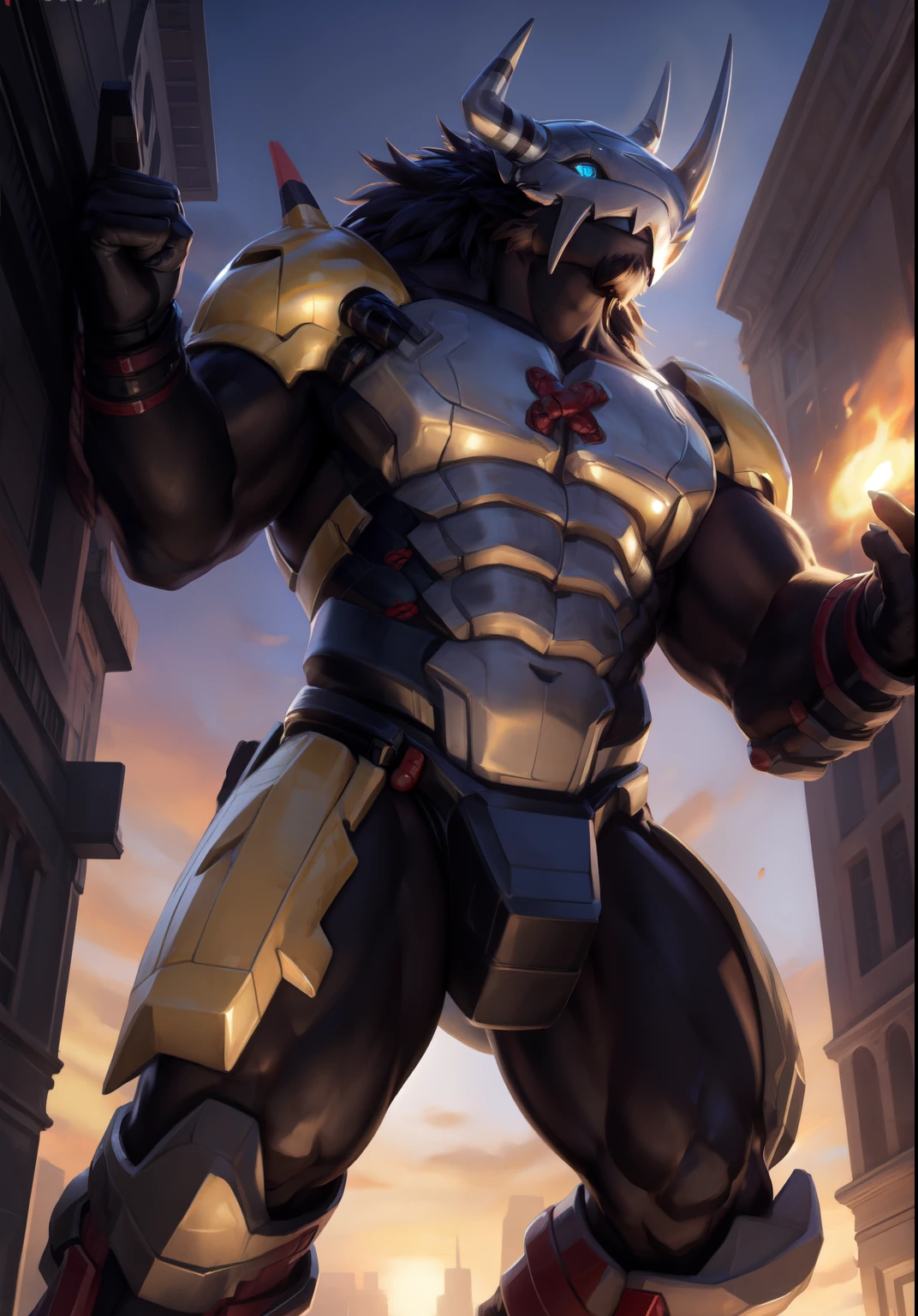 explicit content, highres, super high resolution, full anthro body, masterpiece anthro body, beautiful details, detailed wargreymon focus, beautiful eyes, sexy pose, waiting, enjoys, happy face, attractive smile, high quality, good lighting, high res, ((masterpiece)), 8k, depth of field, ray tracing, great lighting, detailed lighting, [cinematic lighting], [backlighting], [detailed ambient light], [sharp focus], solo, wargreymon, male, ((large bright glowing eyes)), (facing towards viewer), detailed body, muscular, digitigrade, evil, dominant, tempting, confident look, intimidating, big body hair, focus on hair, hairy body focus, natural hair focus, detailed hair on body, natural body hair, focus on sexy hair, visible sexy facial hair, voluptuous beard, pubic hair, armpit hair, a lot of hair on a muscular chest, enjoying himself, wearing parts of armor on shoulders, spiked details, knight type, by rakisha, zackary911, chunie, meesh, kiyosan, sigma x, by darkgem, spectrumshift, bonifasko, macro in modern city