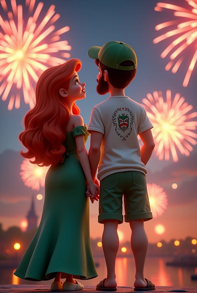 A Disney couple in 3D are watching fireworks.
The woman has long, red, thick hair, green eyes, and is slightly overweight. She is wearing a long, green dress with white sandals. Her toenails are painted white.
The man has brown hair, brown eyes, and a thick brown beard. He is wearing a white t-shirt with a Hungarian design and a green baseball cap.