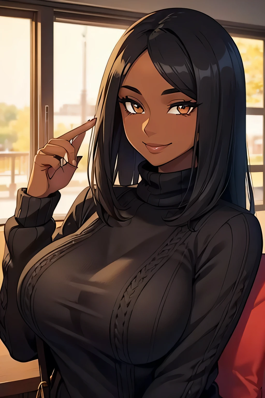 1 hot, milf, Rich girl, very dark skin, eyes black, knitted sweater, ssmile, marvelous, africana