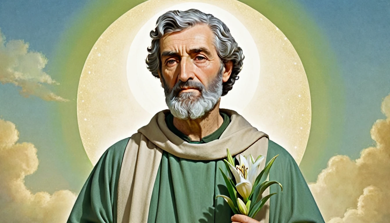 Develop an image of Saint Joseph seen from the front, highlighting his serene and noble appearance. Saint Joseph should be portrayed as an elderly man, with a gray beard and hair, wearing a simple tunic and a cloak in soft tones, green and brown. He should be in a dignified and welcoming posture, with a kind and protective look. In one hand, he holds a staff or a lily flower, symbol of his purity and fatherhood. The background can be a quiet and illuminated environment, perhaps with a celestial aura or a soft scene that highlights his figure. Use a harmonious and soft color palette, with shades of blue, green and beige, to create an atmosphere of peace and reverence."

