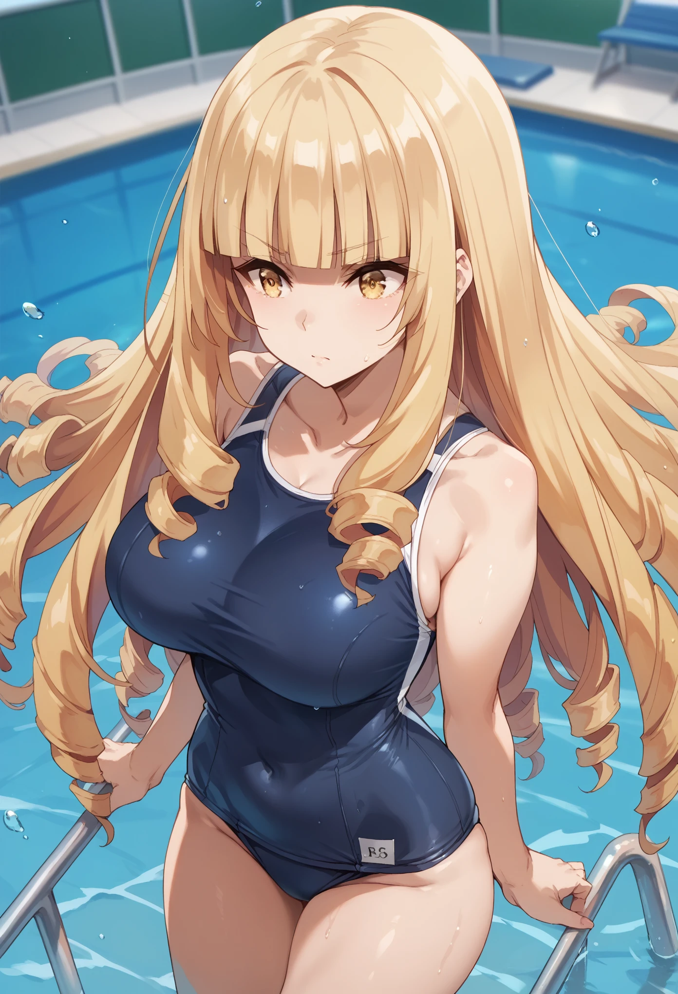 best quality, oriana rose, long hair, blonde hair, yellow eyes, drill hair, bangs, blunt bangs,school swimsuit,clavage,large breast
