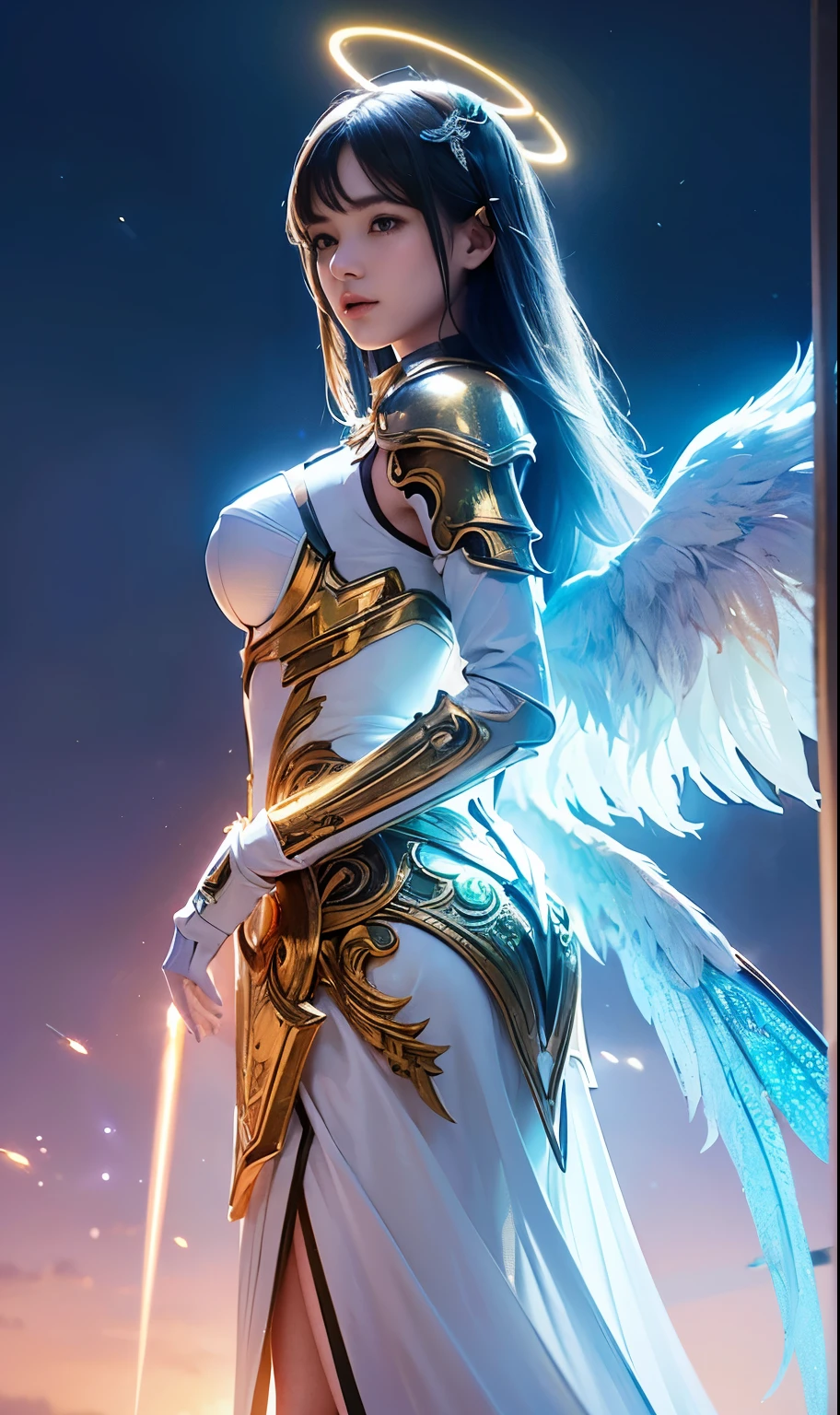 (best quality, masterpiece, colorful, dynamic angle, from below, highest detailed)upper body photo, full body photo, fashion photography of cute mechangel, glowing 4 wings, solo, glowing armor, glowing halo, building, glowing mechanical 4 wings (intricate details, hyperdetailed:1.15), detailed, light passing through hair, (official art, extreme detailed, highest detailed), HDR+