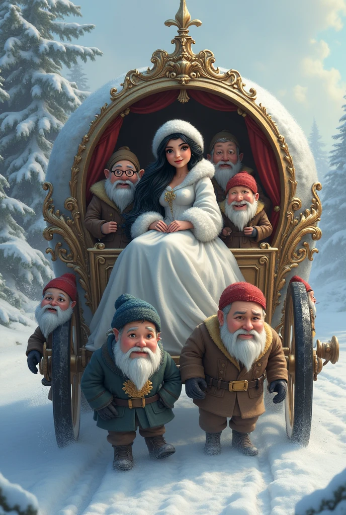 A large carriage with a princess wearing a winter dress made of white bear fur. She is wearing a cap that covers her long black hair. She is accompanied by 7 dwarfs!
A dwarf has black hair.
A dwarf has red hair.
A dwarf is blonde.
A dwarf has black skin.
A dwarf wears glasses.
A dwarf has a white beard.
A dwarf is a child, therefore he has no beard.