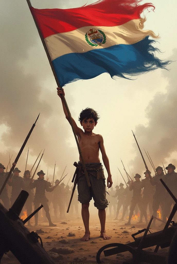 a tall boy, barefoot and thin with torn and dirty clothes, in the middle of a battle of the war of 1700 holding the red flag of Paraguay, white and blue horizontally