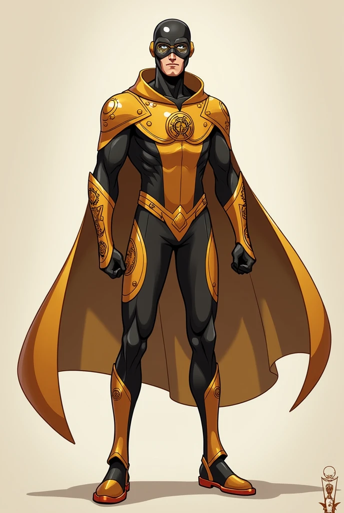 Create a male superhero character named Chronor, inspired by clockwork and time manipulation, in the style of Miraculous Ladybug.
Chronor should have a sleek, streamlined suit that is primarily bronze with copper and gold accents. The design should be elegant and stylized, with soft, flowing lines rather than overly complex mechanical details. The suit should include subtle clockwork motifs, like small, decorative gears, and patterns resembling clock faces, but keep the overall look simple and clean. The visor is translucent, showing faint temporal symbols and numbers, with a gentle golden glow. The character should exude confidence and agility, with a short, flowing cape that complements the design. The overall appearance should blend seamlessly into the Miraculous Ladybug universe, with a focus on charm, elegance, and a hint of mystery.
Chronor’s weapon is the Crono-Bastón:
Design: An elegant, slender staff with detailed engravings of gears and Roman numerals.
Sphere: The staff features a crystal sphere at the top, which contains a small, visible moving mechanism that glows when activated.