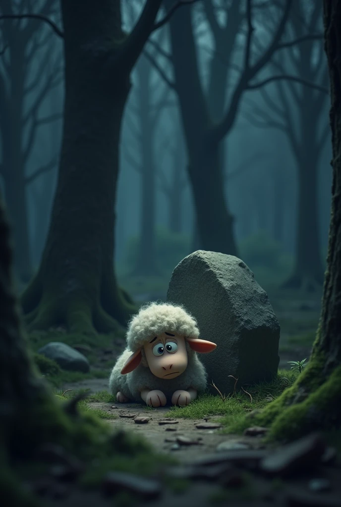 Animated sheep sad hiding lying down with fear behind a stone in the dark forest