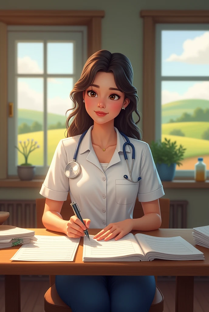Community nurse in a rural area wearing a white uniform and navy blue pants filling out vaccination forms
