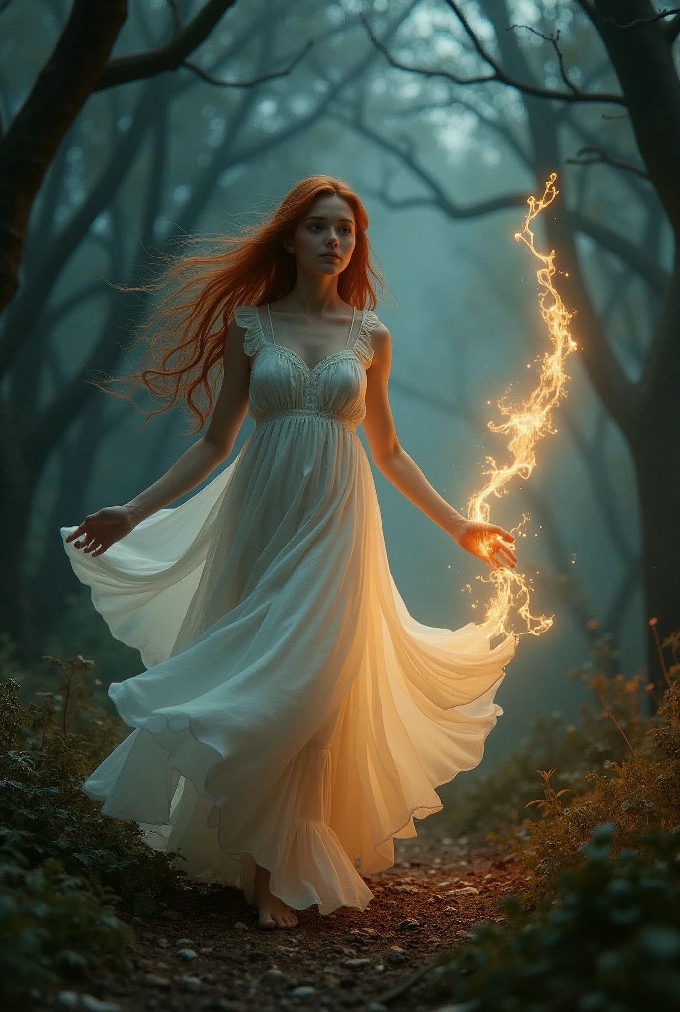 A red-haired girl in a beautiful long white dress in a dark forest chasing a small floating light in the shape of (🔥)