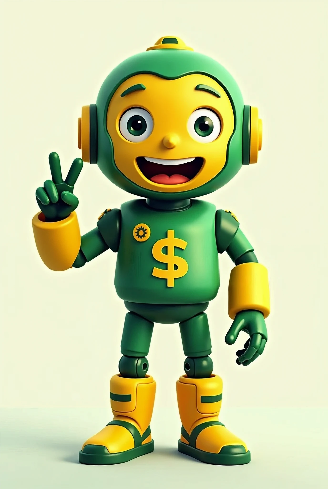 Create a mascot for the startup Pague Bem Brasil, a fintech focused on automated billing solutions and efficient communication with clients through channels like WhatsApp. The mascot should represent the company's values: innovation, efficiency, accessibility, and a friendly yet professional approach. The design should be inspired by the colors and style of the company’s official logo, which uses green, yellow, and white, and it must incorporate the dollar sign, which is the brand's symbol.
The mascot should have a modern and friendly appearance, capable of creating an emotional connection with users. It should incorporate elements that represent effective communication, like message icons, as well as symbolize efficiency and agility, such as gears or a lightning bolt. The dollar sign, as the brand's symbol, can be creatively integrated into the mascot's design, perhaps as a detail on its body or as an accessory.
The character should be adaptable to different situations, from friendly interactions to more formal moments, reflecting the communication stages of Pague Bem Brasil. The primary colors should be green, yellow, and white, in harmony with the company’s logo.