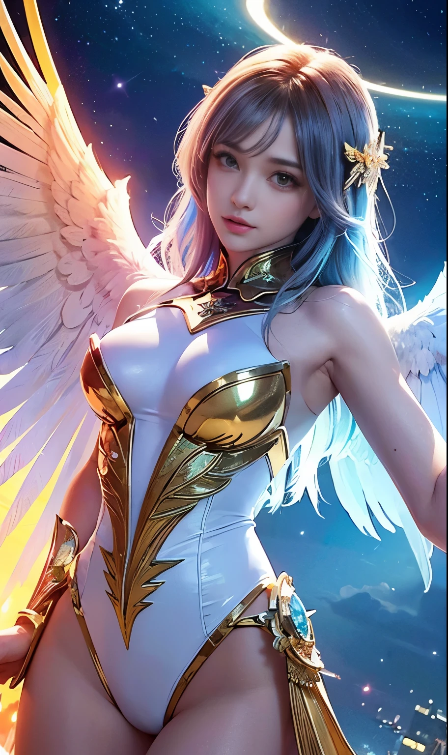 masterpiece, best quality, hatsune miku, white gown, angel, angel wings, golden halo, dark background, upper body, (closed mouth:1.2), looking at viewer, arms behind back, blue theme, stars, starry night, cleavage bulge