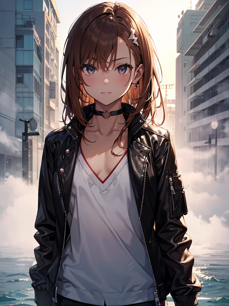 (Mysterious Fog:1.1), (flat chest:1.5), The background is a lake, Morning Glow:1.5, Black Leather Jacket, Misaka Mikoto, 1girl, black choker, uhd, retina, masterpiece, ccurate, anatomically correct, textured skin, super detail, high details, high quality, best quality, highres, 4K