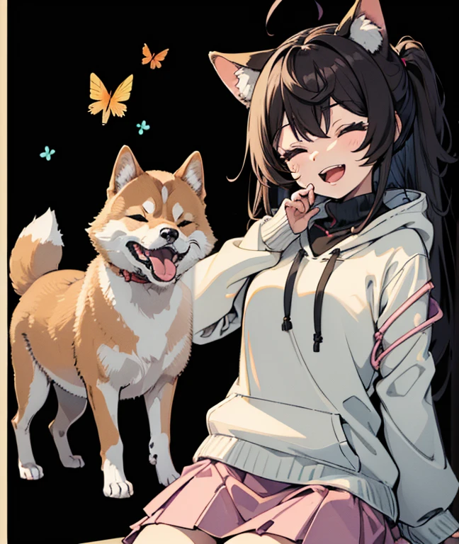 (Masterpiece:1.25), (best quality:1.25), (ultra-detailed:1.1), (illustration:1.05), 1girl and 1shiba_inu, both smiling happily, girl, with shoulder-length straight black hair, is bending forward, using both hands to stroke the Shiba Inu’s face, She wears a white hoodie and a pink flared skirt, Shiba Inu, with white and brown fur, sits obediently, its eyes closed in joy with an open mouth and tongue slightly out, beautiful part, vks2023, sweater