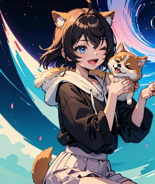 (Masterpiece:1.25), (best quality:1.25), (ultra-detailed:1.1), (illustration:1.05), 1girl and 1shiba_inu, both smiling happily, girl, with shoulder-length straight black hair, is bending forward, using both hands to stroke the Shiba Inu’s face, She wears a white hoodie and a pink flared skirt, Shiba Inu, with white and brown fur, sits obediently, its eyes closed in joy with an open mouth and tongue slightly out, beautiful part, vks2023, sweater