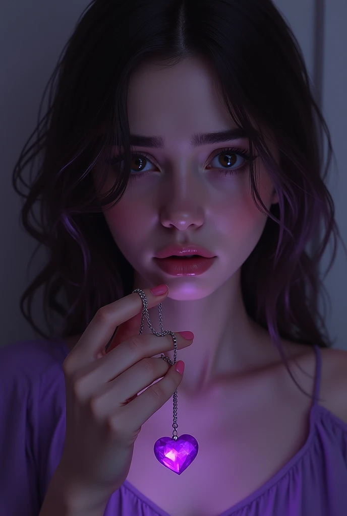 Digital hyperrealistic art, brunette woman with a serious face that expresses sadness, In one hand she will hold a purple heart necklace. image with purple tones