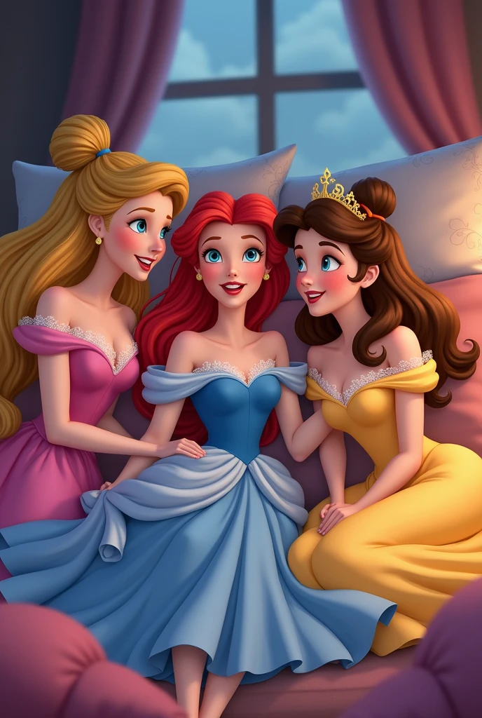 Sleeping Beauty in a pink dress, Ariel in a blue dress and Belle in a yellow dress. the 3 friends in a sleepover night having fun, talking and laughing